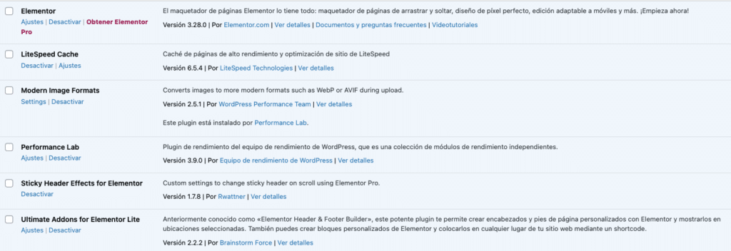 rendimiento con plugins instalados y elementor