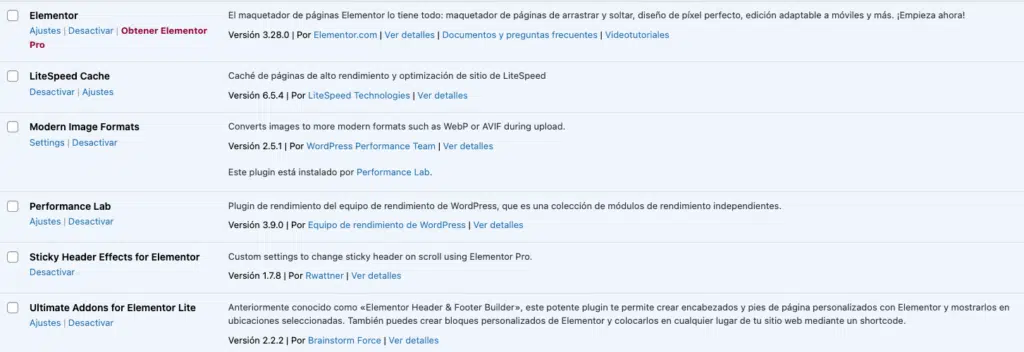 rendimiento con plugins instalados y elementor